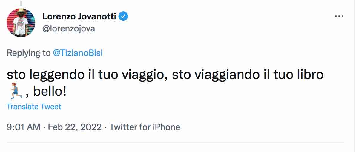 Twitt di Lorenzo Jovanotti su Dalla via Emilia a San Pietroburgo di Tiziano Bisi